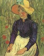 Young Peasant Woman with Straw Hat Sitting in the Wheat (nn04) Vincent Van Gogh
